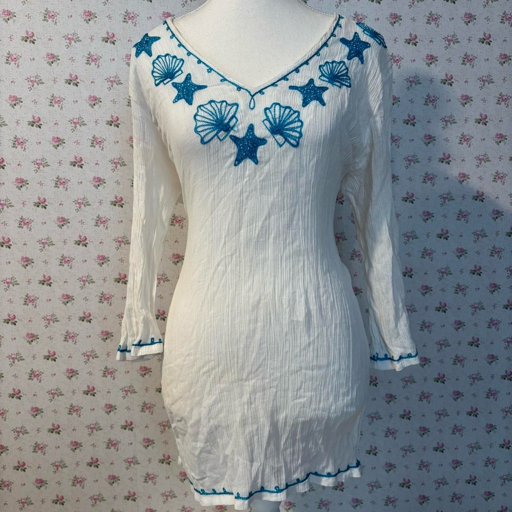 White Tunic with Blue shell Embroidery 🐚